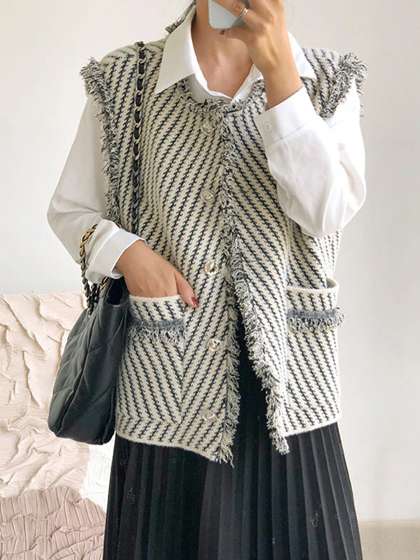 Loose Sleeveless Buttoned Fringed Pockets Striped V-Neck Vest Outerwear - Image 6