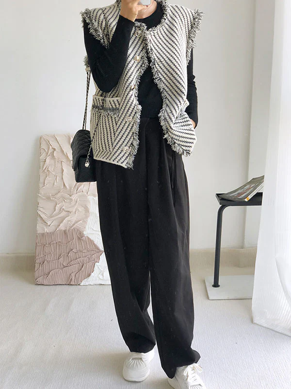 Loose Sleeveless Buttoned Fringed Pockets Striped V-Neck Vest Outerwear - Image 8