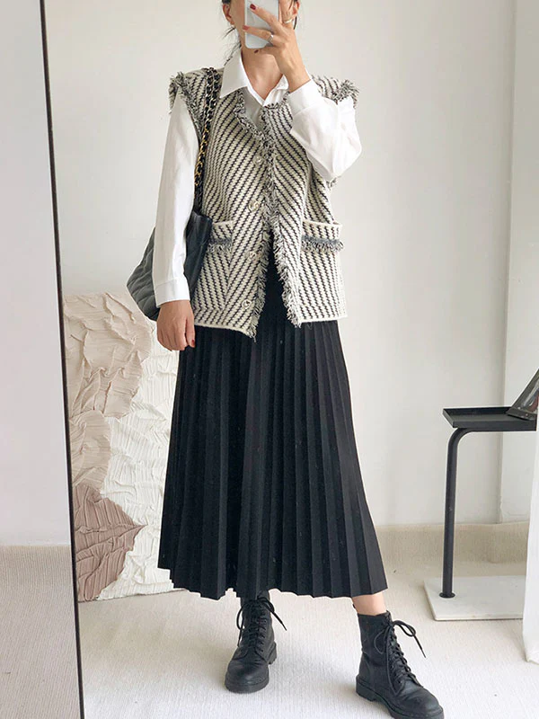 Loose Sleeveless Buttoned Fringed Pockets Striped V-Neck Vest Outerwear - Image 9
