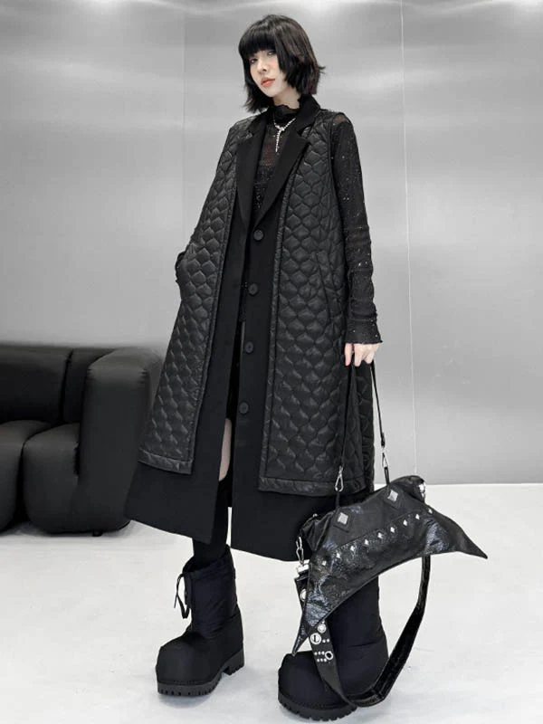 Loose Sleeveless Buttoned Plaid Pockets Solid Color Split-Joint Notched Collar Outerwear Padded Vest - Image 10