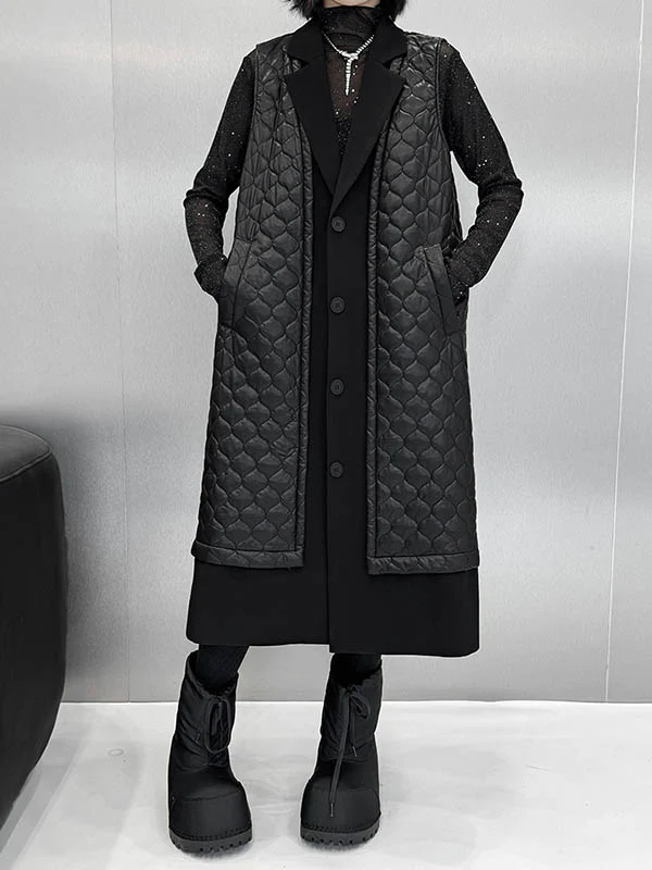 Loose Sleeveless Buttoned Plaid Pockets Solid Color Split-Joint Notched Collar Outerwear Padded Vest - Image 12