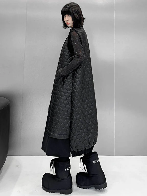 Loose Sleeveless Buttoned Plaid Pockets Solid Color Split-Joint Notched Collar Outerwear Padded Vest - Image 13