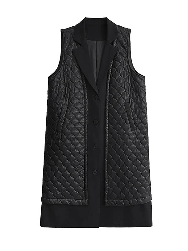 Loose Sleeveless Buttoned Plaid Pockets Solid Color Split-Joint Notched Collar Outerwear Padded Vest - Image 15