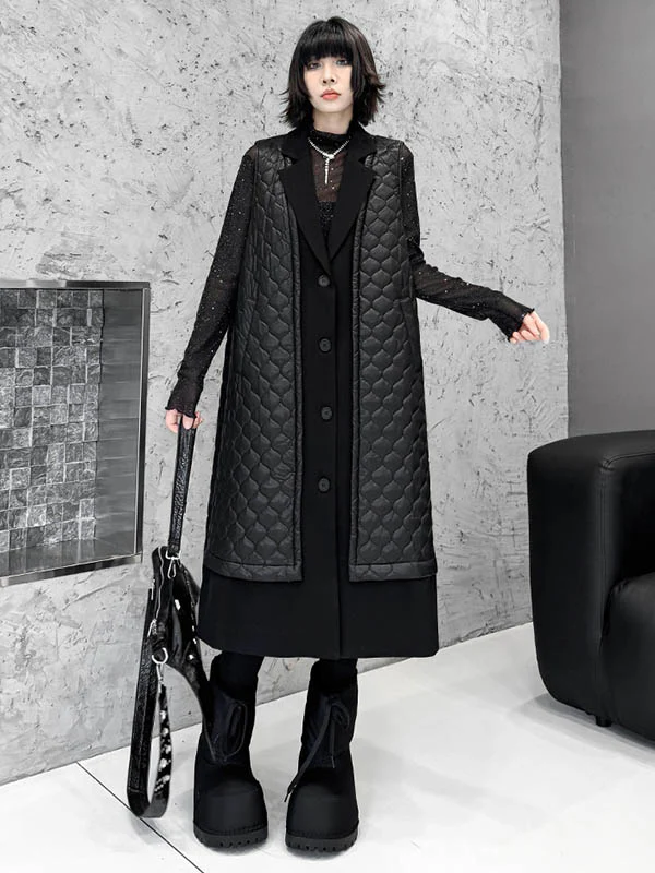 Loose Sleeveless Buttoned Plaid Pockets Solid Color Split-Joint Notched Collar Outerwear Padded Vest - Image 2
