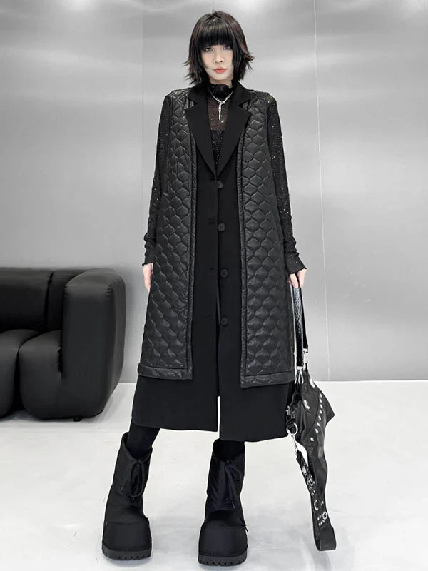 Loose Sleeveless Buttoned Plaid Pockets Solid Color Split-Joint Notched Collar Outerwear Padded Vest - Image 4