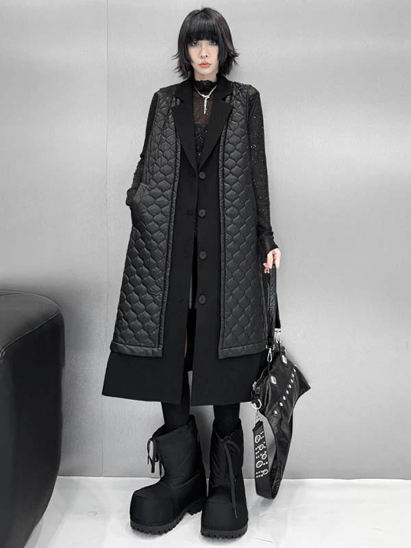 Loose Sleeveless Buttoned Plaid Pockets Solid Color Split-Joint Notched Collar Outerwear Padded Vest - Image 5