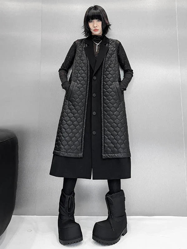 Loose Sleeveless Buttoned Plaid Pockets Solid Color Split-Joint Notched Collar Outerwear Padded Vest - Image 6