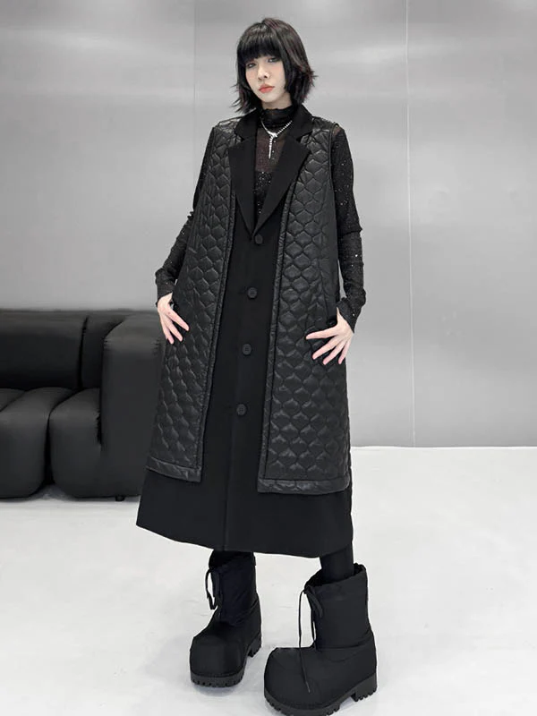 Loose Sleeveless Buttoned Plaid Pockets Solid Color Split-Joint Notched Collar Outerwear Padded Vest - Image 8