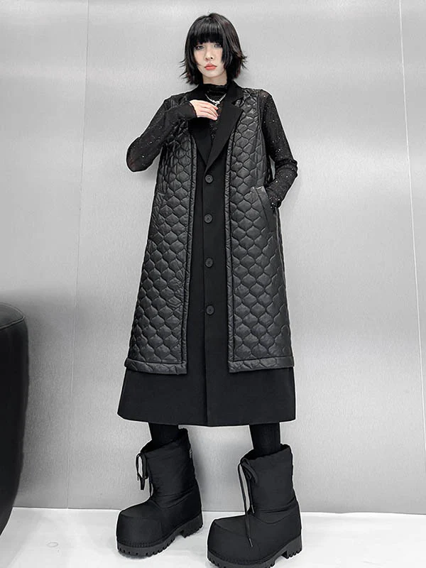 Loose Sleeveless Buttoned Plaid Pockets Solid Color Split-Joint Notched Collar Outerwear Padded Vest - Image 9