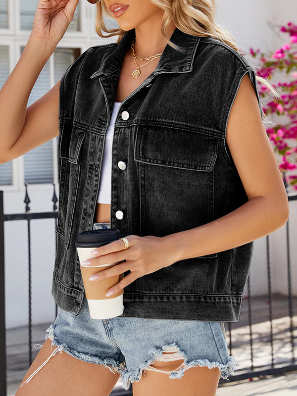 Loose Sleeveless Buttoned Pockets Lapel Vest Outerwear - Image 4