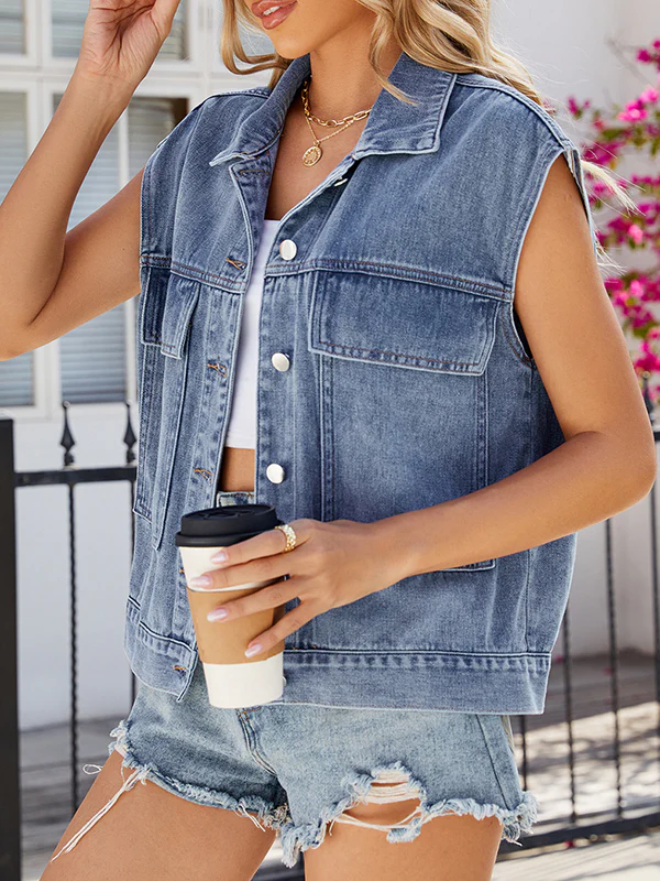 Loose Sleeveless Buttoned Pockets Lapel Vest Outerwear - Image 9