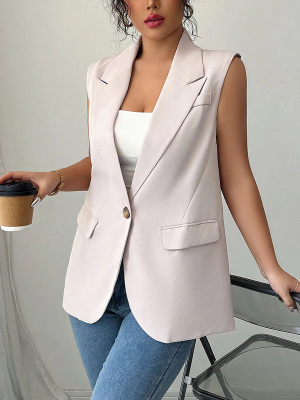 Loose Sleeveless Buttoned Pockets Notched Collar Blazer Vest Top - Image 10