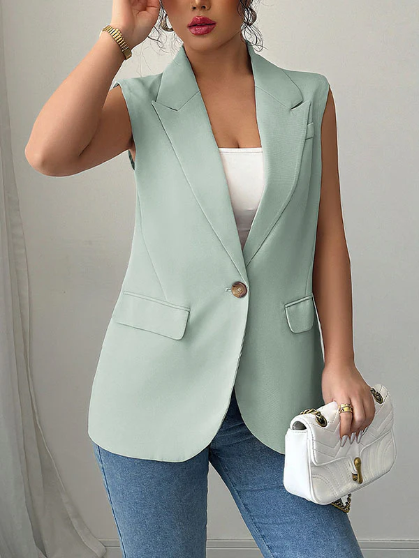 Loose Sleeveless Buttoned Pockets Notched Collar Blazer Vest Top - Image 2
