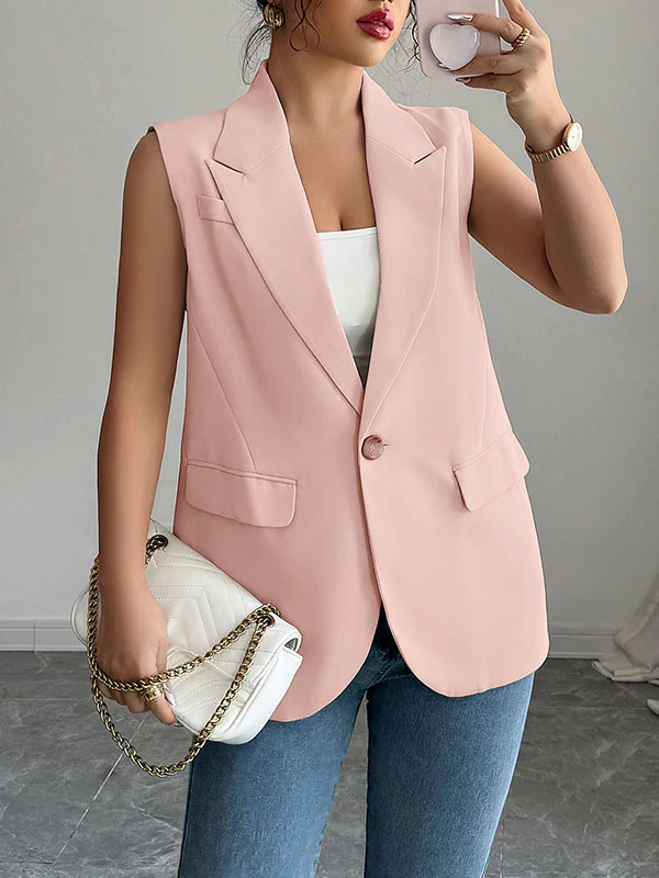 Loose Sleeveless Buttoned Pockets Notched Collar Blazer Vest Top - Image 3
