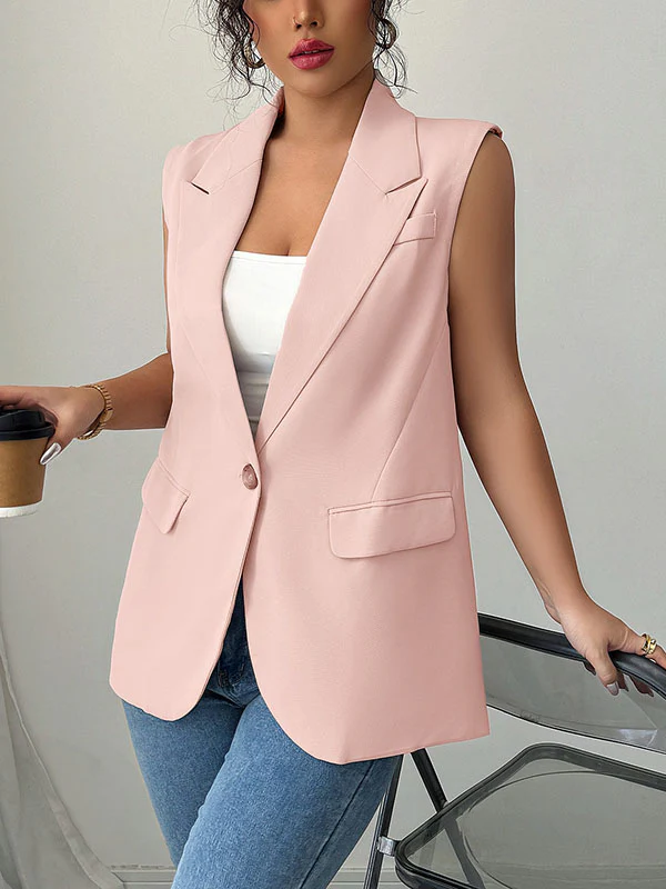 Loose Sleeveless Buttoned Pockets Notched Collar Blazer Vest Top - Image 4