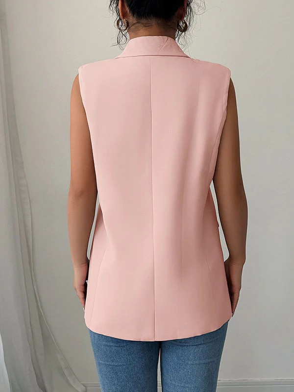 Loose Sleeveless Buttoned Pockets Notched Collar Blazer Vest Top - Image 5
