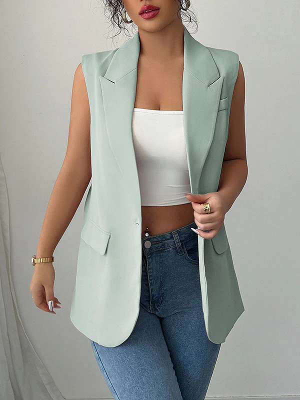 Loose Sleeveless Buttoned Pockets Notched Collar Blazer Vest Top - Image 6