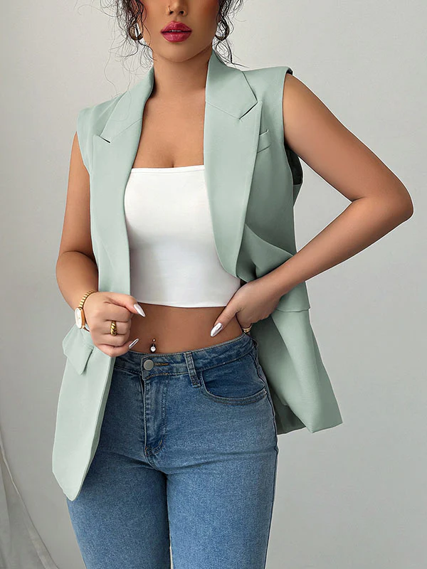 Loose Sleeveless Buttoned Pockets Notched Collar Blazer Vest Top - Image 7