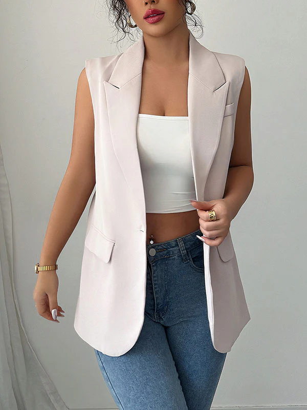 Loose Sleeveless Buttoned Pockets Notched Collar Blazer Vest Top - Image 9