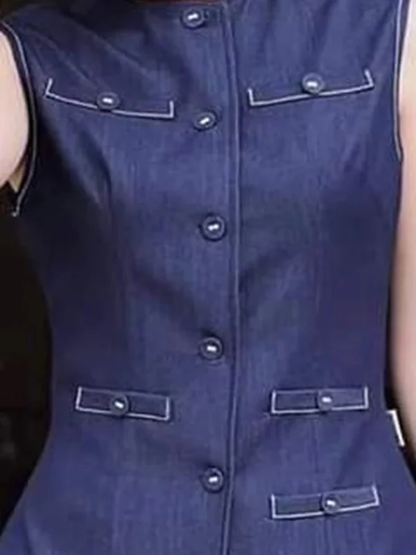 Loose Sleeveless Buttoned Pockets Solid Color Round-Neck Vest Top - Image 3