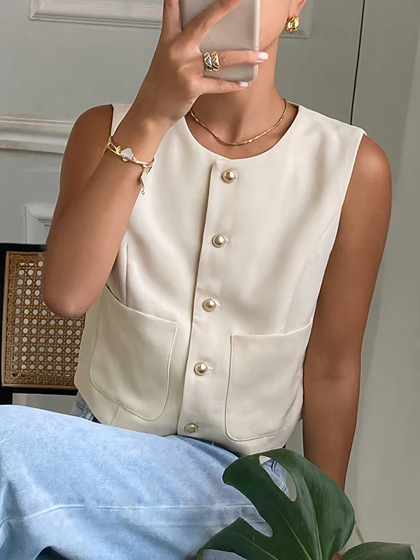 Loose Sleeveless Buttoned Pockets Split-Joint Round-Neck Vest Top - Image 2