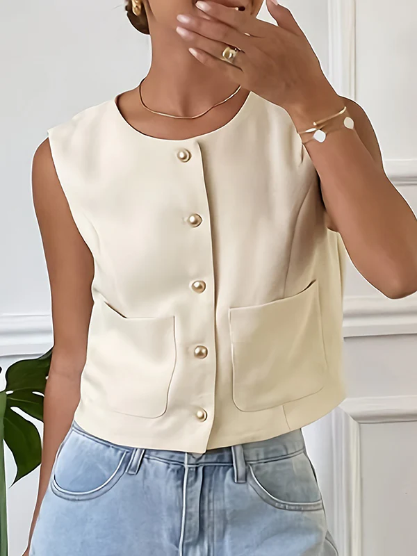 Loose Sleeveless Buttoned Pockets Split-Joint Round-Neck Vest Top - Image 3