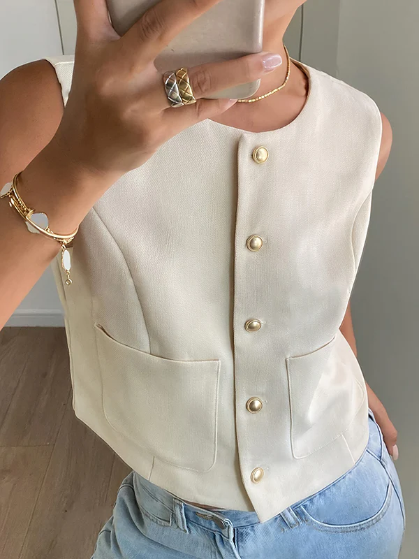 Loose Sleeveless Buttoned Pockets Split-Joint Round-Neck Vest Top - Image 4