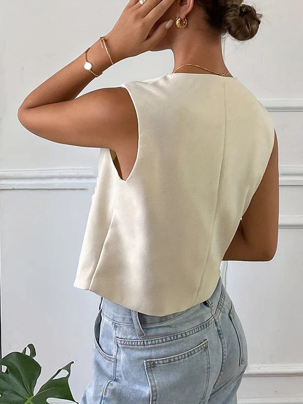 Loose Sleeveless Buttoned Pockets Split-Joint Round-Neck Vest Top - Image 5