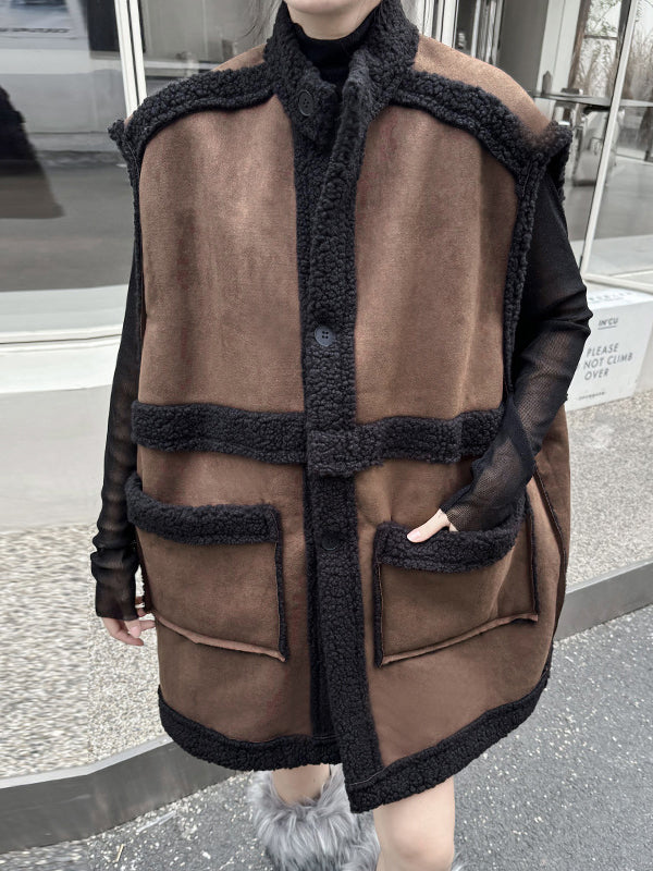 Loose Sleeveless Buttoned Pockets Split-Joint Stand Collar Vest Outerwear - Image 10