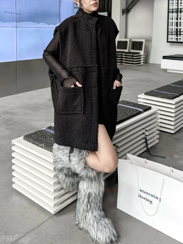 Loose Sleeveless Buttoned Pockets Split-Joint Stand Collar Vest Outerwear - Image 3