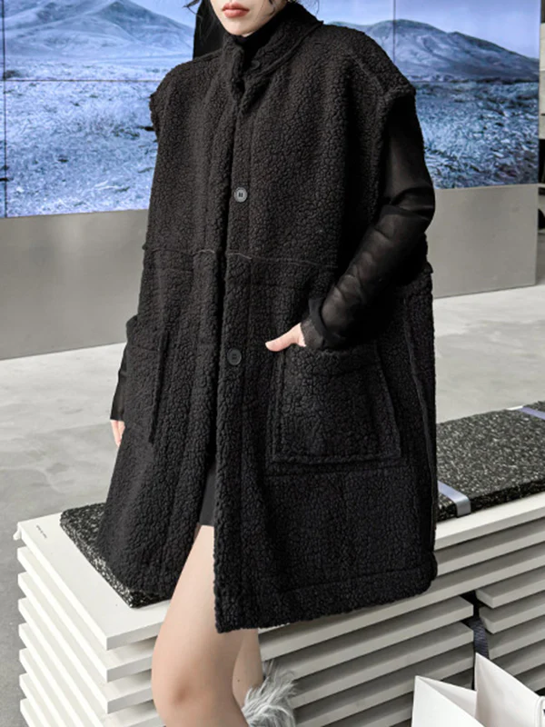 Loose Sleeveless Buttoned Pockets Split-Joint Stand Collar Vest Outerwear - Image 4
