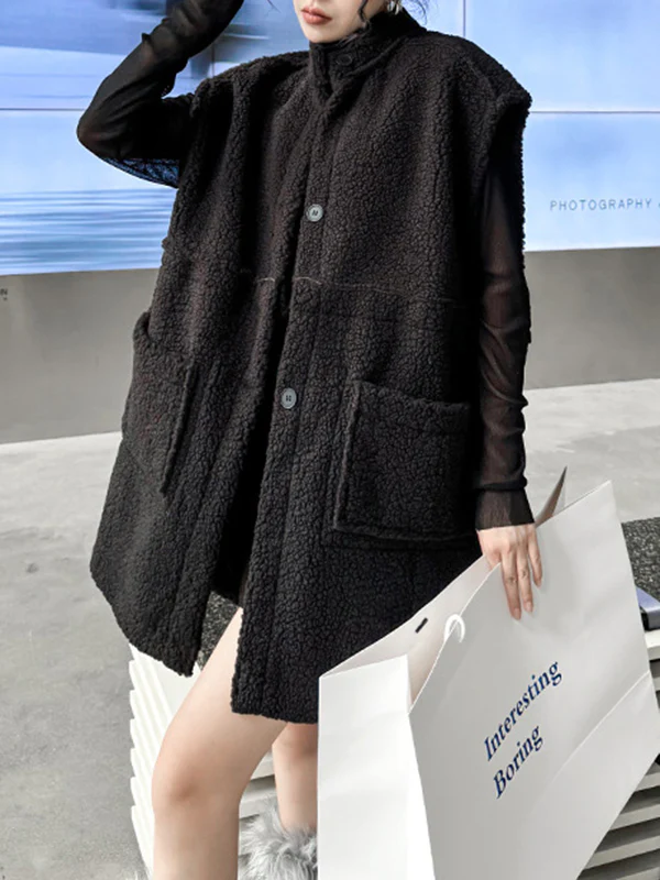 Loose Sleeveless Buttoned Pockets Split-Joint Stand Collar Vest Outerwear - Image 5