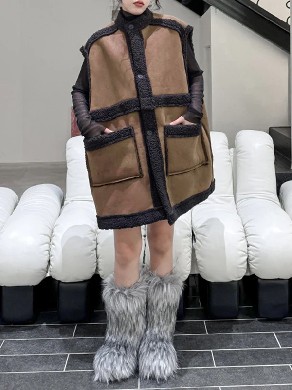 Loose Sleeveless Buttoned Pockets Split-Joint Stand Collar Vest Outerwear - Image 6