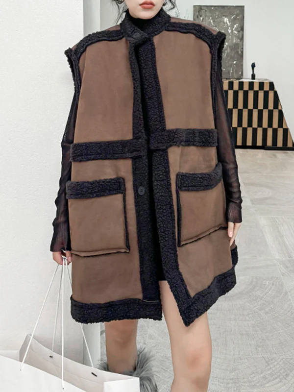 Loose Sleeveless Buttoned Pockets Split-Joint Stand Collar Vest Outerwear - Image 9