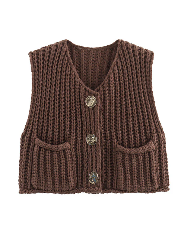Loose Sleeveless Buttoned Pockets V-Neck Vest Outerwear - Image 11