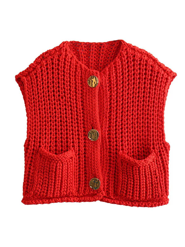Loose Sleeveless Buttoned Pockets V-Neck Vest Outerwear - Image 13