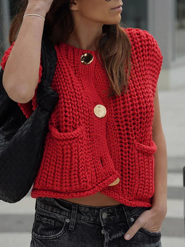Loose Sleeveless Buttoned Pockets V-Neck Vest Outerwear - Image 2