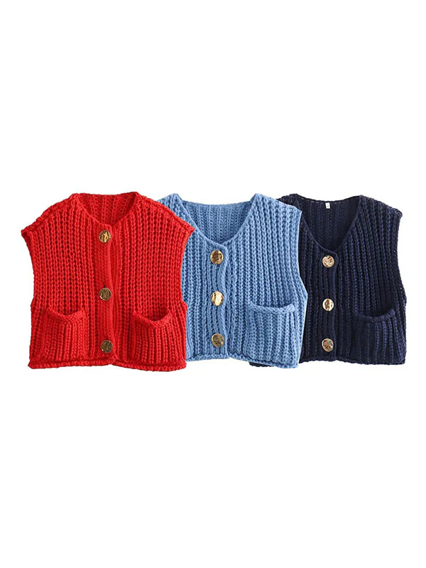 Loose Sleeveless Buttoned Pockets V-Neck Vest Outerwear - Image 6