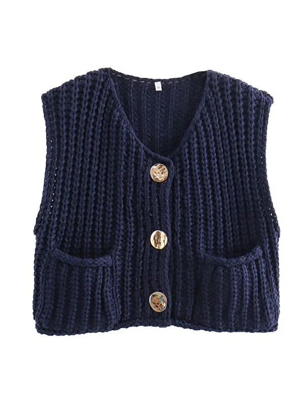 Loose Sleeveless Buttoned Pockets V-Neck Vest Outerwear - Image 8