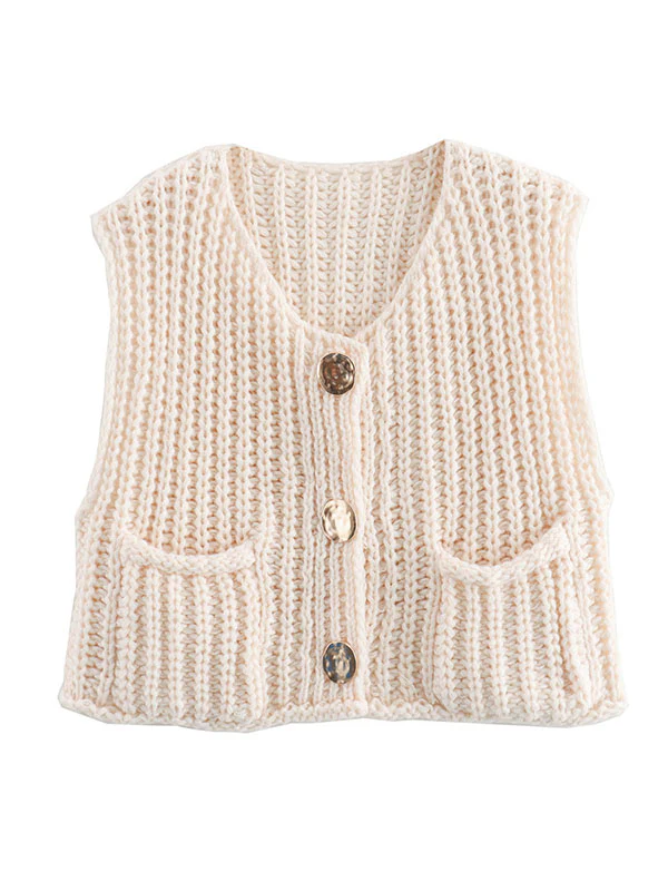 Loose Sleeveless Buttoned Pockets V-Neck Vest Outerwear - Image 9