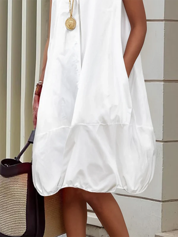 Loose Sleeveless Buttoned Solid Color Lapel Midi Dresses Shirt Dress - Image 3