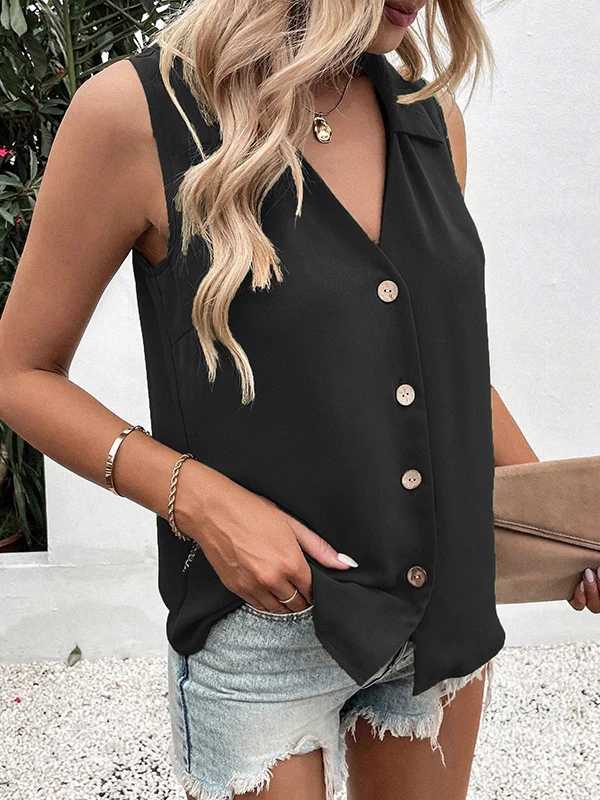 Loose Sleeveless Buttoned Solid Color Split-Joint V-Neck Vest Top - Image 10