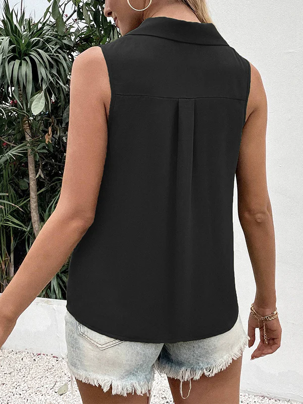 Loose Sleeveless Buttoned Solid Color Split-Joint V-Neck Vest Top - Image 11