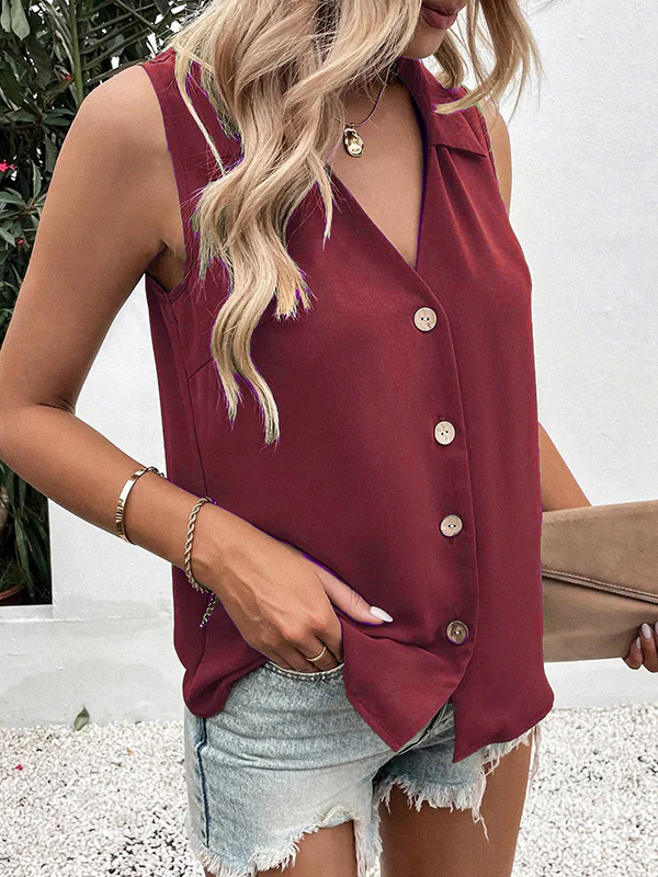 Loose Sleeveless Buttoned Solid Color Split-Joint V-Neck Vest Top - Image 12