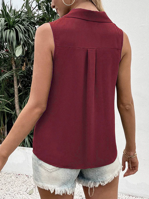 Loose Sleeveless Buttoned Solid Color Split-Joint V-Neck Vest Top - Image 13