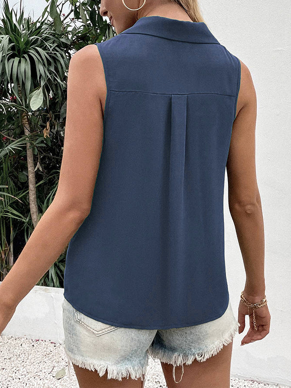 Loose Sleeveless Buttoned Solid Color Split-Joint V-Neck Vest Top - Image 14