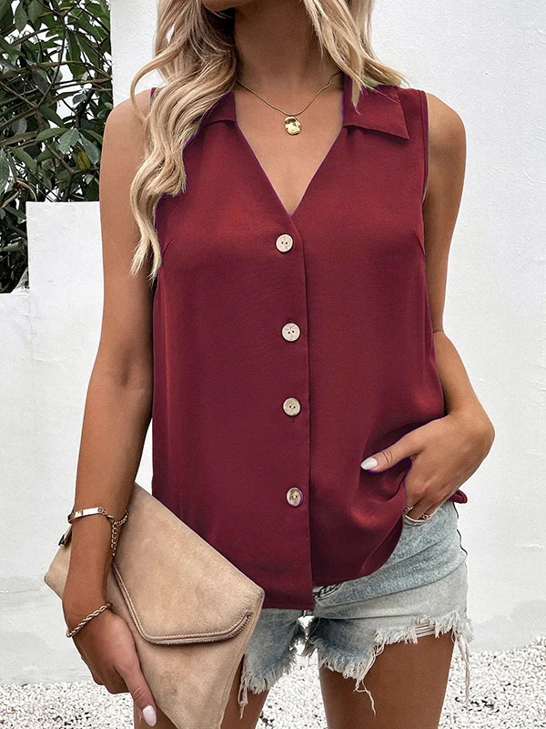 Loose Sleeveless Buttoned Solid Color Split-Joint V-Neck Vest Top - Image 4