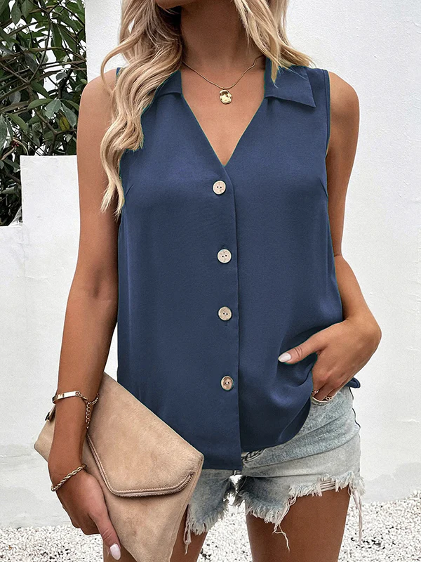 Loose Sleeveless Buttoned Solid Color Split-Joint V-Neck Vest Top - Image 5