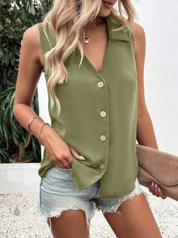 Loose Sleeveless Buttoned Solid Color Split-Joint V-Neck Vest Top - Image 6