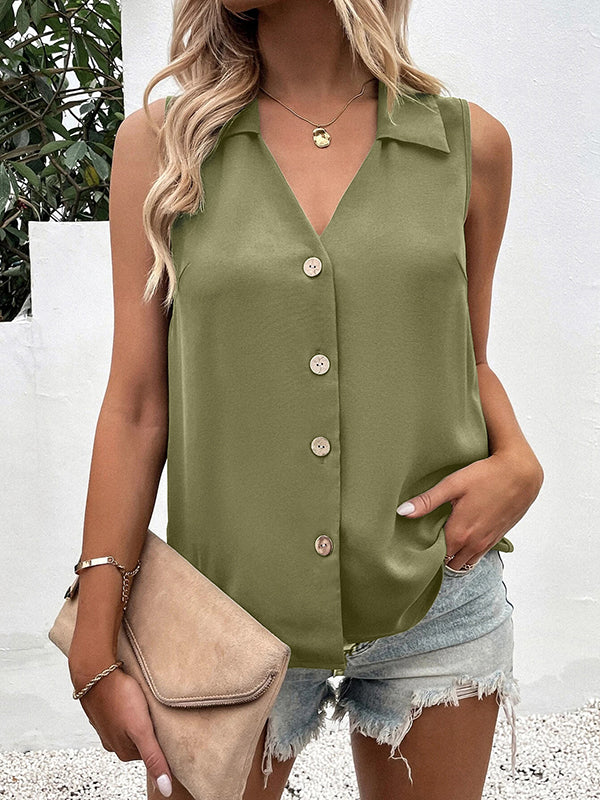 Loose Sleeveless Buttoned Solid Color Split-Joint V-Neck Vest Top - Image 7